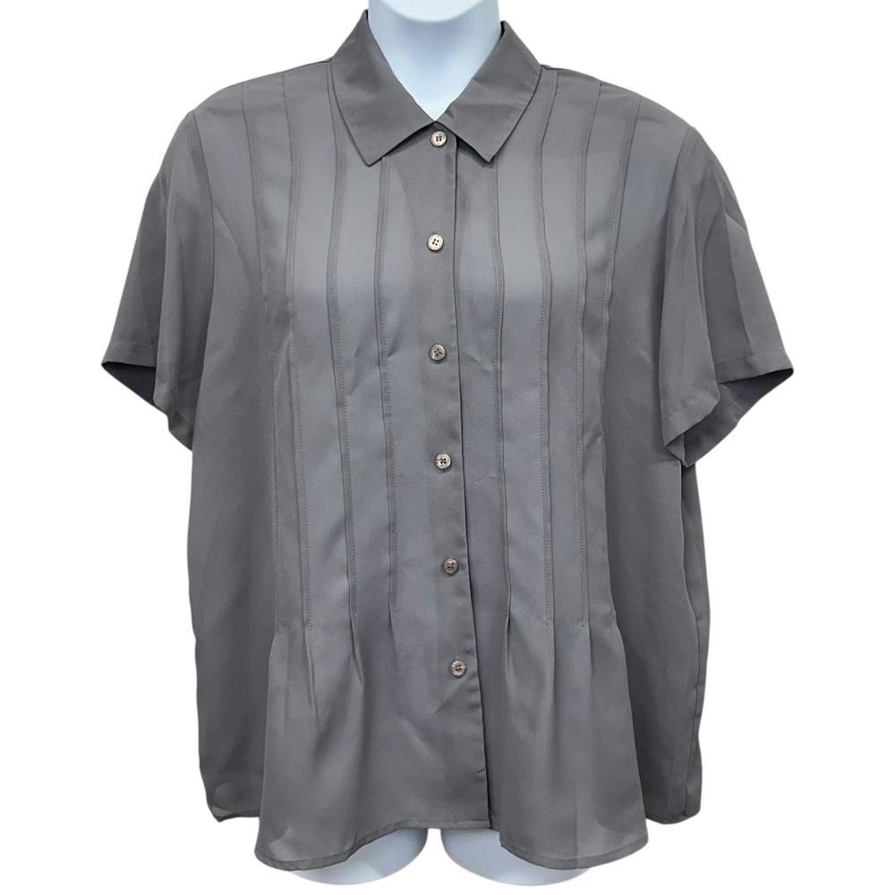 Chaus Shirt Womens 2XL Gray Chiffon Pleated Short Sleeve Button Front Blouse Top